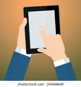 Hand touching screen of tablet computer