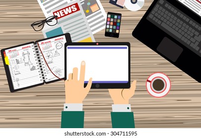 Hand touching screen of tablet computer top view. Set of Flat vector design illustration of modern business office and workspace.