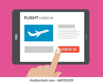 Hand touching screen of tablet computer with check in button and airplane icon on screen. Concept of flight check in mobile application. Flat design vector illustration