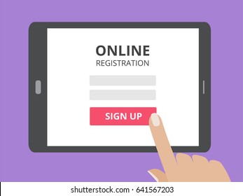 Hand touching screen of tablet computer with online registration form and sign up button. User login mobile application flat design concept.  