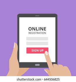 Hand Touching Screen Of Tablet Computer With Online Registration Form And Sign Up Button. User Login Mobile Application Flat Design Concept.  