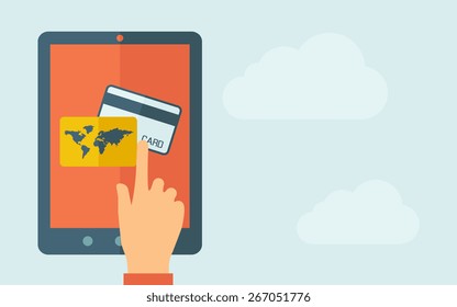 A hand is touching the screen of a tablet with credit card icon. A contemporary style with pastel palette, light blue cloudy sky background. Vector flat design illustration. Horizontal layout with