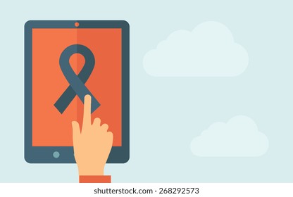 Uma mão está tocando a tela de um tablet com o ícone da faixa de opções de liberdade. Um estilo contemporâneo com paleta pastel, fundo azul claro do céu nublado. Ilustração de design plano vetorial. Layout horizontal com