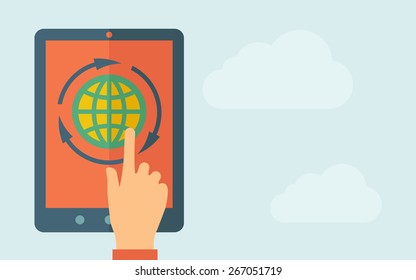 A hand is touching the screen of a tablet with globe icon. A contemporary style with pastel palette, light blue cloudy sky background. Vector flat design illustration. Horizontal layout with text
