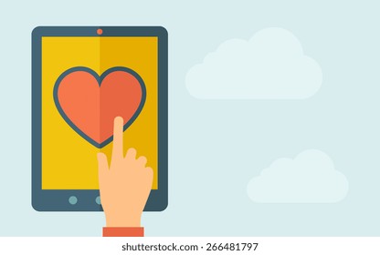 A hand is touching the screen of a tablet with heart icon. A contemporary style with pastel palette, light blue cloudy sky background. Vector flat design illustration. Horizontal layout with text