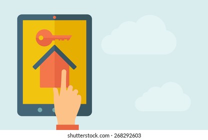 Una mano está tocando la pantalla de una tableta con la casa con el icono de la llave. Un estilo contemporáneo con una paleta pastel y un fondo azul claro en el cielo. Ilustración de diseño plana vectorial. Diseño horizontal con