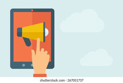 A hand is touching the screen of a tablet with megaphone icon. A contemporary style with pastel palette, light blue cloudy sky background. Vector flat design illustration. Horizontal layout with text