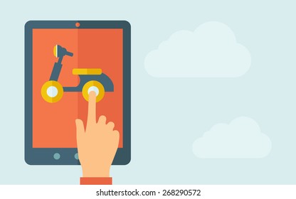 A hand is touching the screen of a tablet with motorbike icon. A contemporary style with pastel palette, light blue cloudy sky background. Vector flat design illustration. Horizontal layout with text