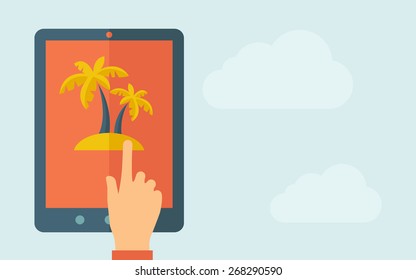 A hand is touching the screen of a tablet with palm tree icon. A contemporary style with pastel palette, light blue cloudy sky background. Vector flat design illustration. Horizontal layout with text