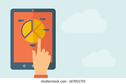 A hand is touching the screen of a tablet with pie chart icon. A contemporary style with pastel palette, light blue cloudy sky background. Vector flat design illustration. Horizontal layout with text