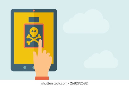 A hand is touching the screen of a tablet with poisonous bottle icon. A contemporary style with pastel palette, light blue cloudy sky background. Vector flat design illustration. Horizontal layout