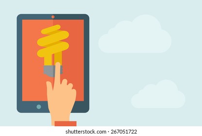Una mano está tocando la pantalla de un tablet con un icono de la bombilla de espiral. Un estilo contemporáneo con una paleta pastel y un fondo azul claro en el cielo. Ilustración de diseño plana vectorial. Diseño horizontal