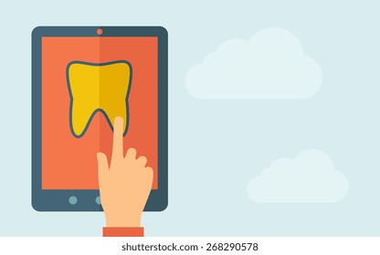 A hand is touching the screen of a tablet with tooth icon. A contemporary style with pastel palette, light blue cloudy sky background. Vector flat design illustration. Horizontal layout with text