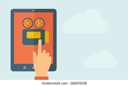 A hand is touching the screen of a tablet with video cam icon. A contemporary style with pastel palette, light blue cloudy sky background. Vector flat design illustration. Horizontal layout with text