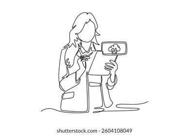 Hand touching Secure Access Service Edge icon on smartphone virtual screen. Technology in business concept. Single line draw design. Vector graphic illustration