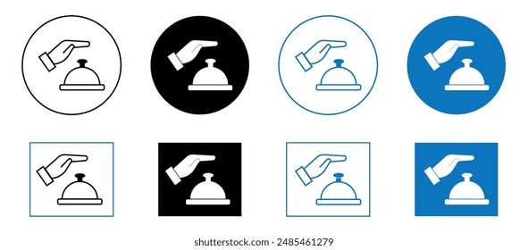 Hand touching service bell icon set. Service ring urgent vector symbol in a black filled and outline style. Editable stroke.