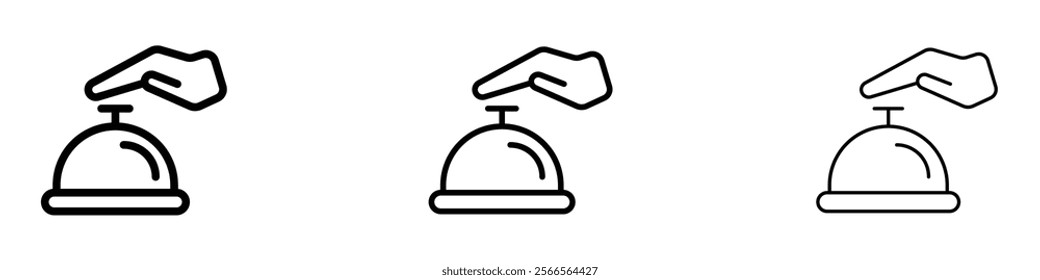 Hand touching service bell icon in tree different line stroke sizes.