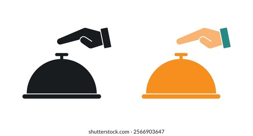 Hand touching service bell icon set in black and colored