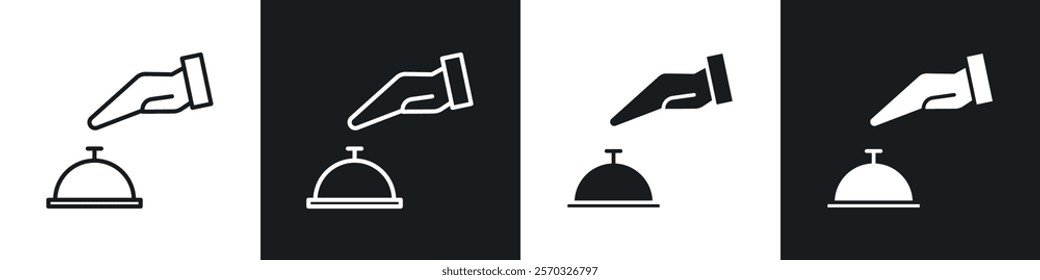 Hand touching service bell icons vectors set in black. line and flat versions