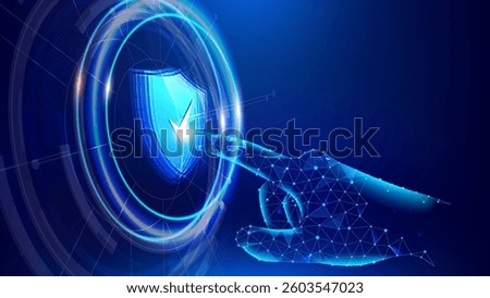 Hand touching shield symbol on futuristic interface blue digital background, concept of data protection and cyber security technology in network system. vector illustration.