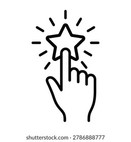 Hand touching shining star icon for rating quality feedback and favorite selection choice line art with favorite