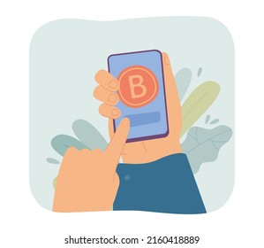 Hand Touching Slider On Mobile Phone Screen With Bitcoin. Person Using Digital Wallet App For Trade Flat Vector Illustration. Online Money Concept For Banner, Website Design Or Landing Web Page