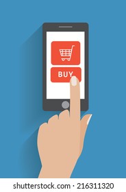 Hand touching smart phone with buy button on the screen. E-commerce flat design concept. Using mobile smart phone for online purchasing. Eps 10 vector