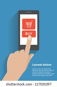 Hand touching smart phone with buy button on the screen. E-commerce flat design concept. Using mobile smart phone for online purchasing. Eps 10 vector