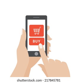 Hand Touching Smart Phone With Buy Button On The Screen. E-commerce Flat Design Concept. Using Mobile Smart Phone For Online Purchasing. Eps 10 Vector