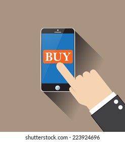 Hand Touching Smart Phone With Buy Button vector illustration