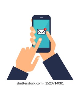 Hand touching smart phone with Email symbol on the screen. Hands and smartphone isolated on the white background
