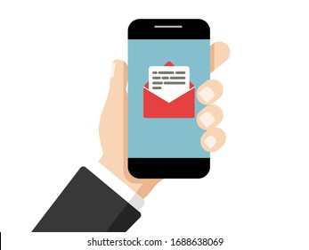 Hand touching smart phone with E-mail symbol on the screen. Using smartphone, flat design concept. vector.