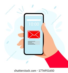 Hand touching smart phone with email symbol on the screen vector illustration flat style