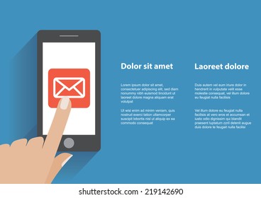 Hand touching smart phone with Email symbol on the screen. Using smartphone similar to smart phone flat design concept. Eps 10 vector.