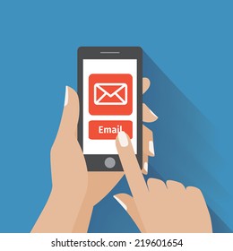 Hand Touching Smart Phone With Email Symbol On The Screen. Using Smartphone Similar To Iphone, Flat Design Concept. Eps 10 Vector.