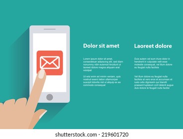 Hand touching smart phone with Email symbol on the screen. Using smartphone similar to smart phone flat design concept. Eps 10 vector.