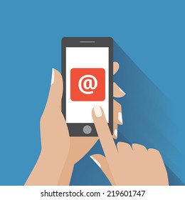 Hand touching smart phone with Email symbol on the screen. Using smartphone similar to smart phone flat design concept. Eps 10 vector.