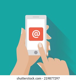 Hand touching smart phone with Email symbol on the screen. Using smartphone similar to iphone, flat design concept. Eps 10 vector.