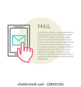 Hand Touching Smart Phone With Email Symbol On The Screen With Place For Your Text. Using Smartphone Similar To Iphone, Line Design Concept. Eps 10 Vector.