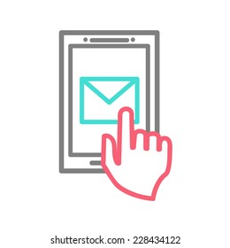 Hand touching smart phone with Email symbol on the screen. Using smartphone similar to smart phone line design concept. Eps 10 vector.