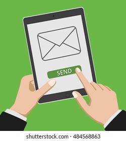 Hand touching smart phone with Email symbol on the screen.   vector.