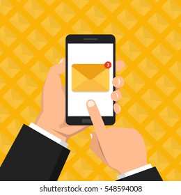 Hand touching smart phone with email symbol on the screen. New message. New email. Phone and new message. Flat vector illustration.