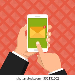 Hand touching smart phone with email symbol on the screen. New message. New email. Phone and new message. Flat vector illustration.