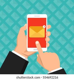 Hand touching smart phone with email symbol on the screen. New message. New email. Phone and new message. Flat vector illustration.