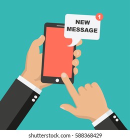 Hand touching smart phone with email symbol on the screen. New message. New email. Phone and new message. Flat vector illustration.