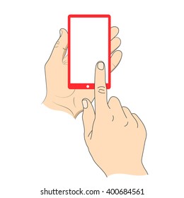Hand touching smartphone with blank white screen.