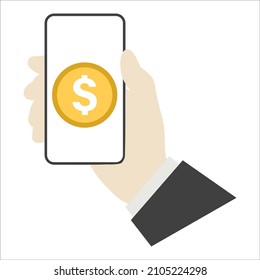 Hand touching smartphone with dollar sign on the screen. Using mobile smart phone similar to iphon, flat design concept. Eps 10 vector illustration