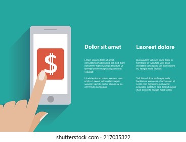 Hand touching smartphone with dollar sign on the screen. Using mobile smart phone similar to iphon, flat design concept. Eps 10 vector illustration