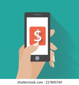 Hand touching smartphone with dollar sign on the screen. Using mobile smart phone similar to iphon, flat design concept. Eps 10 vector illustration