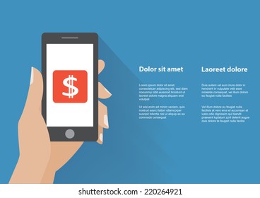 Hand touching smartphone with dollar sign on the screen. Using mobile smart phone, flat design concept. Eps 10 vector illustration